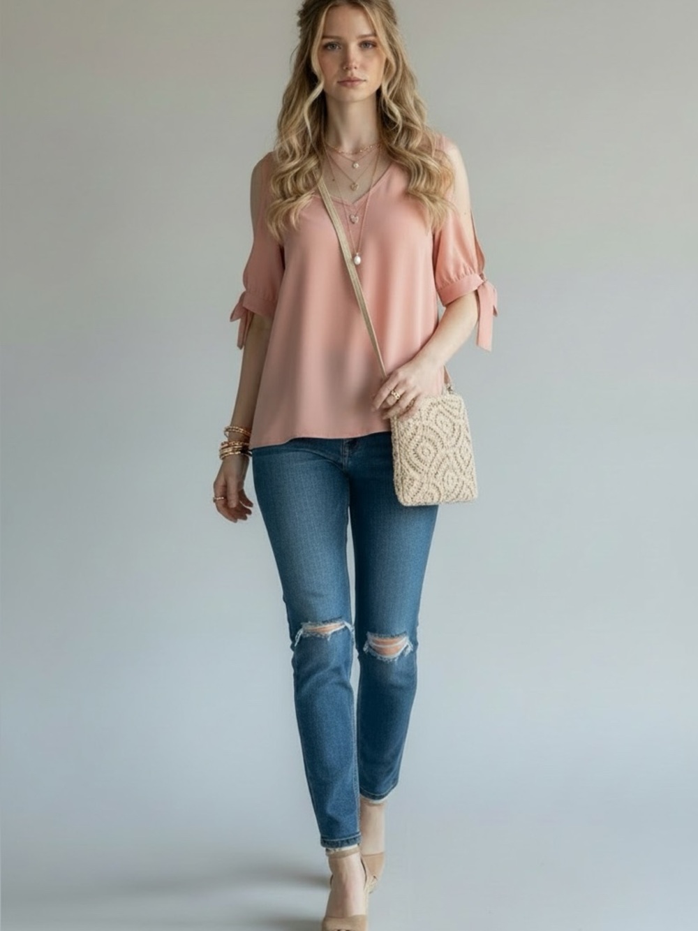 Blush Pink V-Neck Blouse with Bow Tie Sleeves